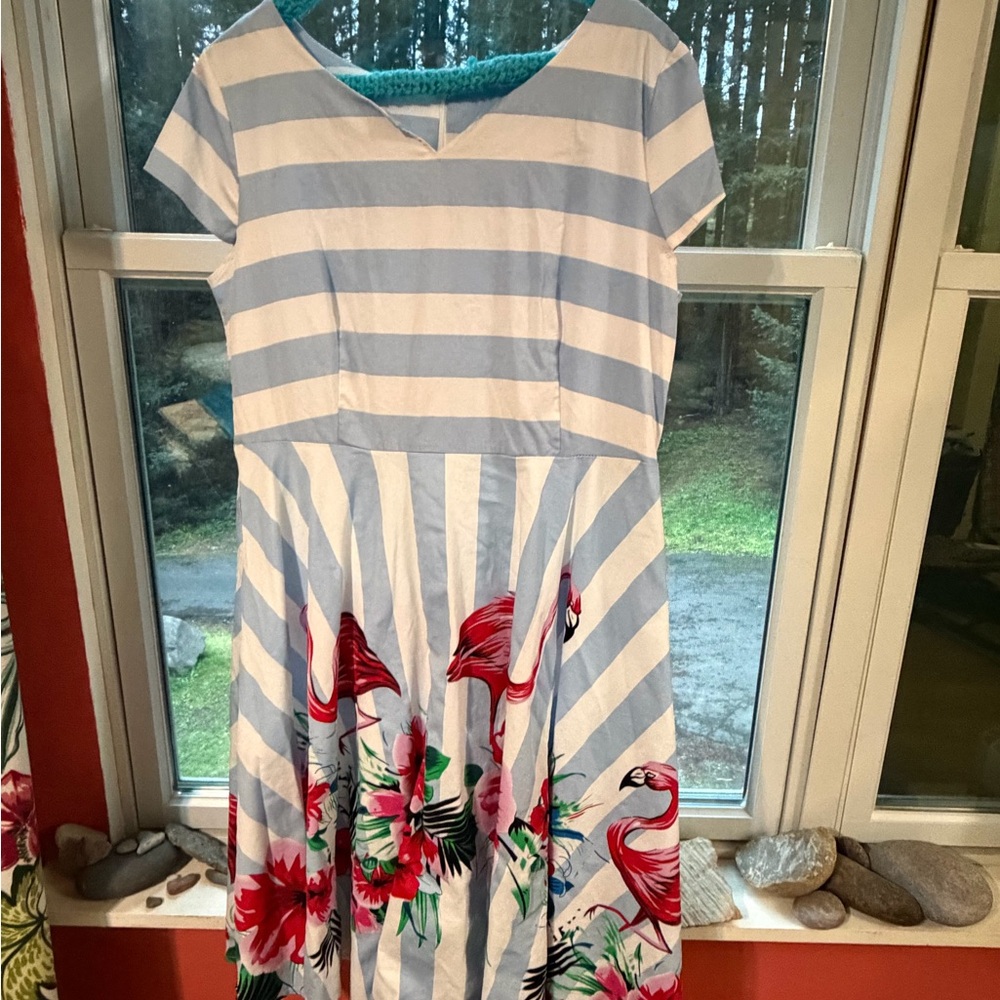 Striped Dress with Flamingo and Floral Design